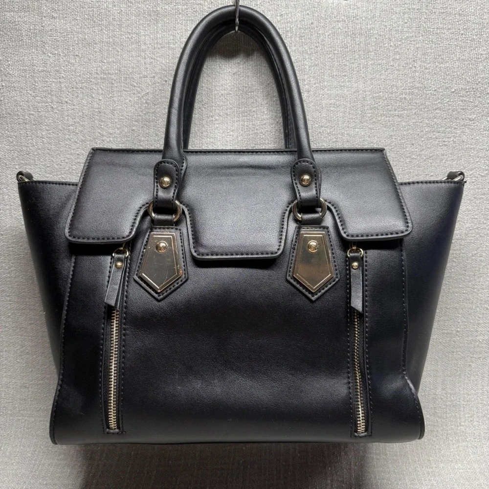 Black Faux Leather Satchel Handbag Large Tote Purse Gold Hardware Edgy Workwear